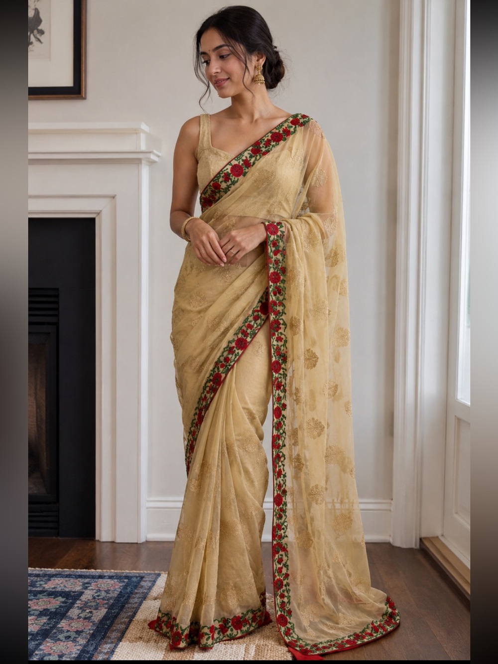 Traditional Indian Embroidered Chiffon Saree. Red Rose | Gold Sequin | Elegant